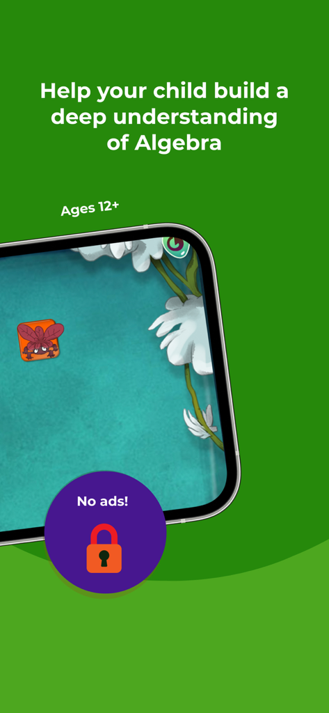 Kahoot! Algebra 2 by DragonBox - Introductory screen for Kahoot! Algebra 2 by DragonBox highlighting algebra learning for ages twelve and up with a no ads feature