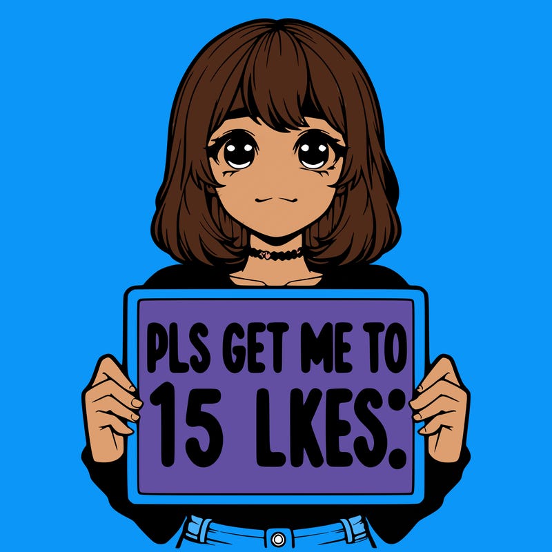 realistic girl holding up a sign that says “pls get me to 15 likes!”