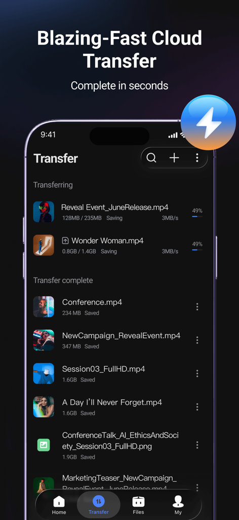 PikPak mobile app screen showing blazing fast cloud transfer of video files