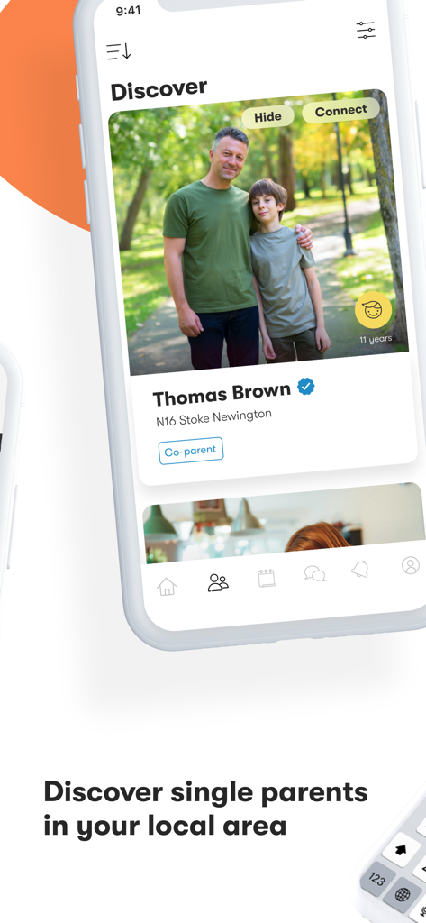 Frolo app interface showing a single father's profile in the discover section for local parent connections.