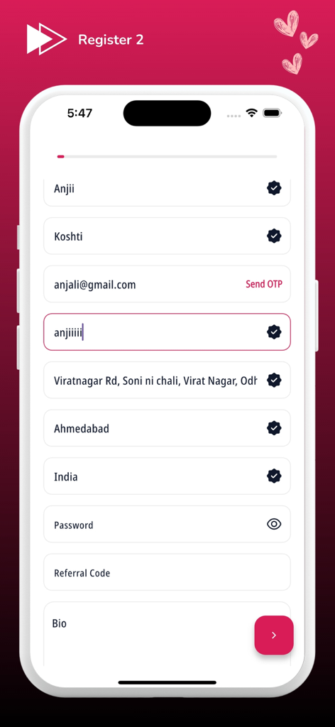 Registration screen of the Upoznaj me Balkan app showing a user profile setup form with fields for name, email, and location.