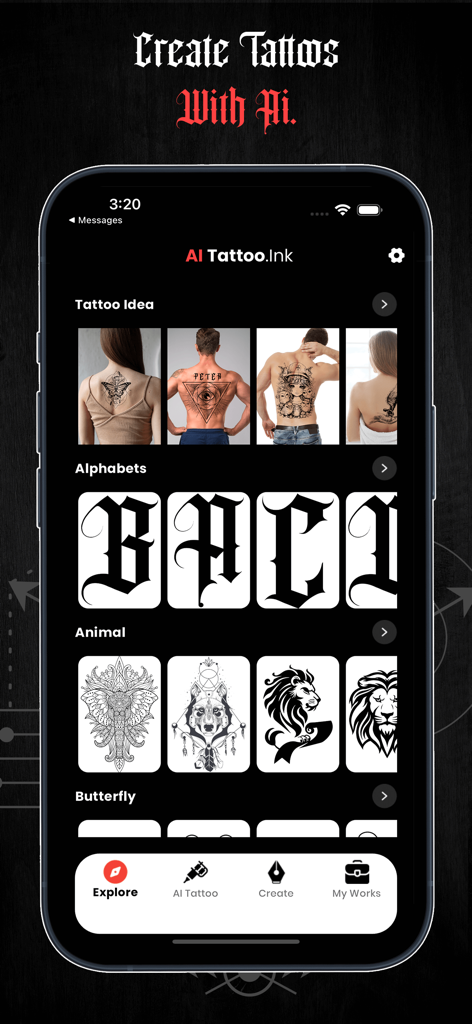 AI Tattoo Ink Design - AI Tattoo Ink Design app interface showing the explore screen with various tattoo categories like alphabets and animals