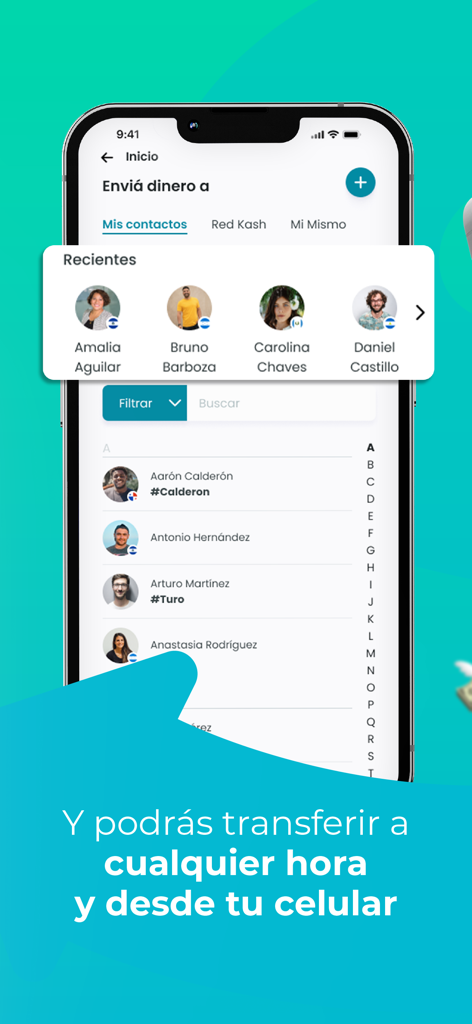 Kash app interface showing a list of contacts and recent transfers for sending money from a mobile phone.