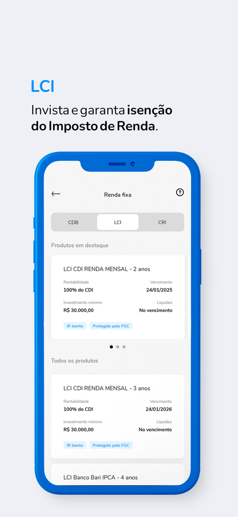 Banco Bari - Tela do aplicativo móvel Banco Bari exibindo produtos de investimento de renda fixa isentos de impostos, como LCI, em português.