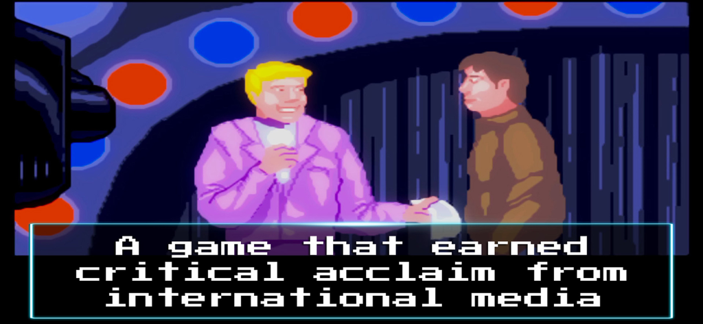 Flashback Mobile - A retro pixel art cutscene in Flashback Mobile featuring an interview scene on a stage with international media acclaim text.