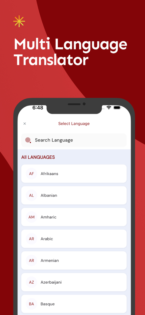 Aplicación Traductor Inglés Suajili que muestra una lista de idiomas seleccionables para la traducción