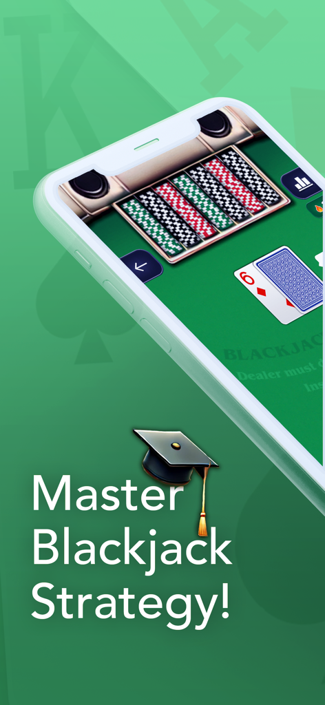 Blackjack Practice Game screen displaying cards and chips with the text Master Blackjack Strategy