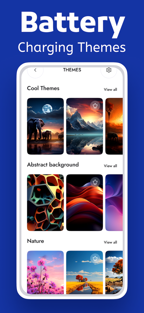 Ai Cleaner Pro Cleanup Storage - Interfaz de la aplicación Ai Cleaner Pro mostrando varios temas de carga de batería como fondos de Naturaleza y Abstractos