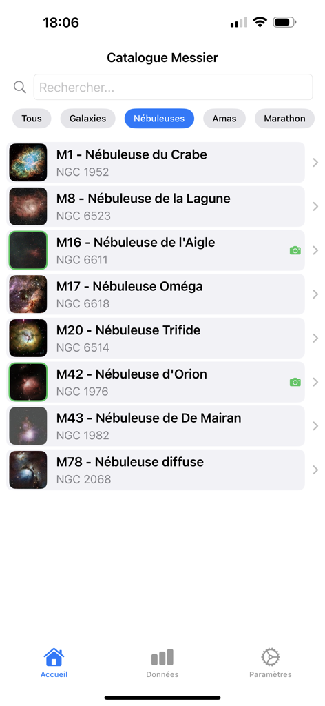 CatalogueMessier - Interfaz de la aplicación CatalogueMessier que muestra una lista de nebulosas de cielo profundo con sus números Messier y NGC