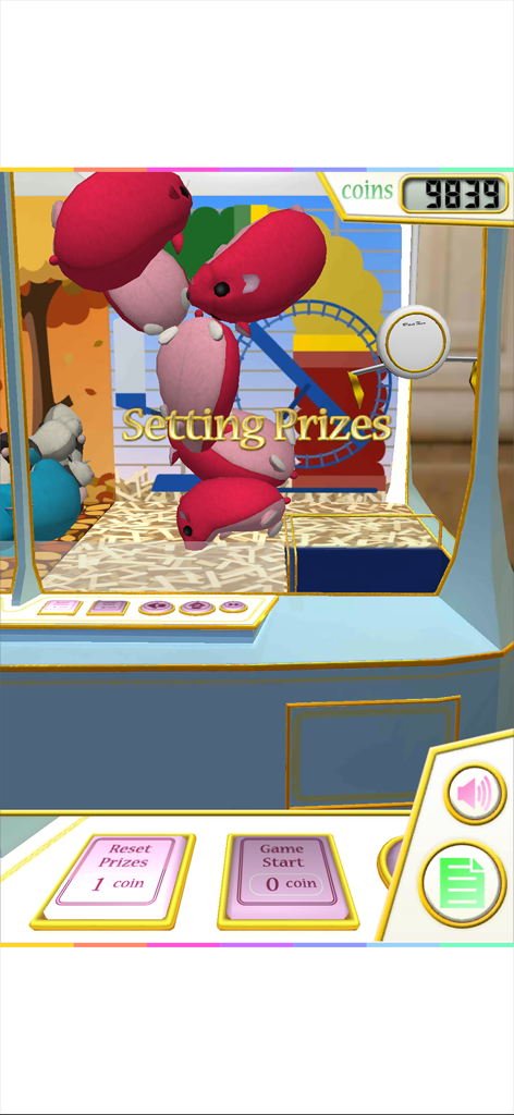 A virtual claw crane machine filled with pink hamster plushies with the text Setting Prizes displayed on screen.