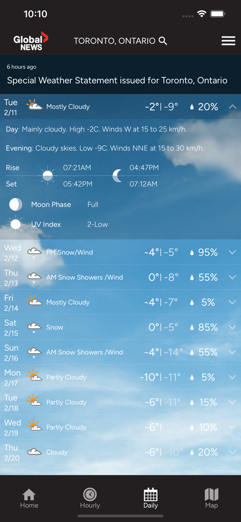 Global News SkyTracker - A 10-day weather forecast view for Toronto in the Global News SkyTracker app.