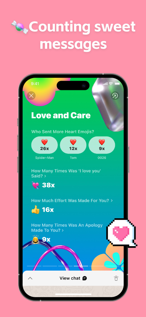 Wasp Wrapped App-Bildschirm, der Beziehungsstatistiken anzeigt, einschließlich Herz-Emoji-Zählungen und der Häufigkeit von süßen Nachrichten.