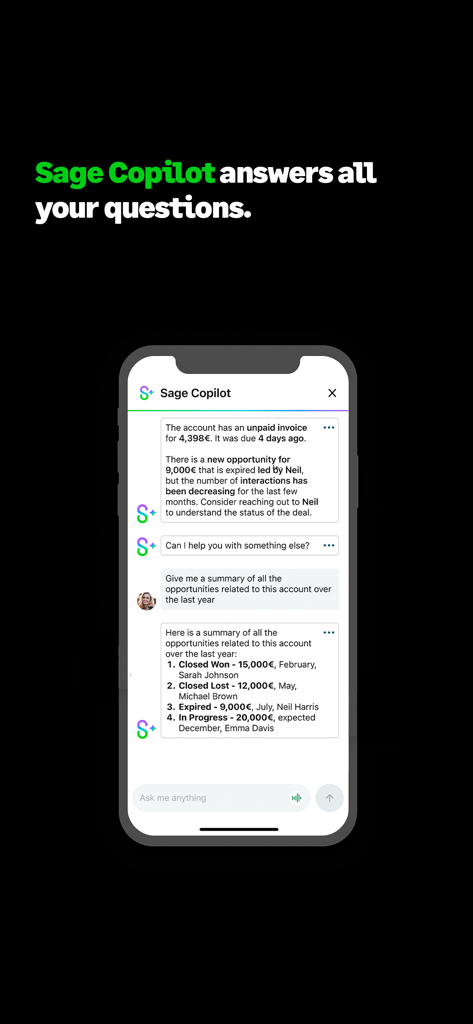Sage Sales Management app showing the Sage Copilot AI assistant providing a summary of sales opportunities and account insights in a chat interface.