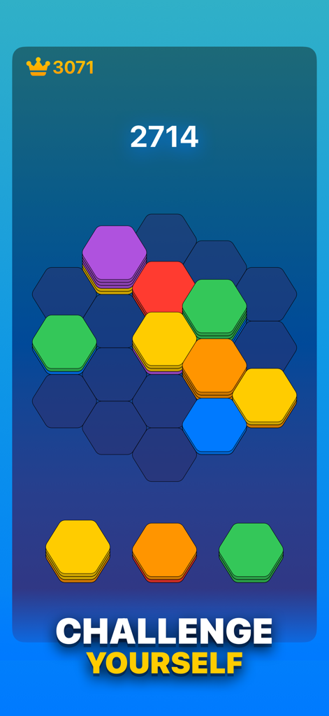 Hexa Sort Jam - Colorful hexagonal blocks on a puzzle grid with the text Challenge Yourself.