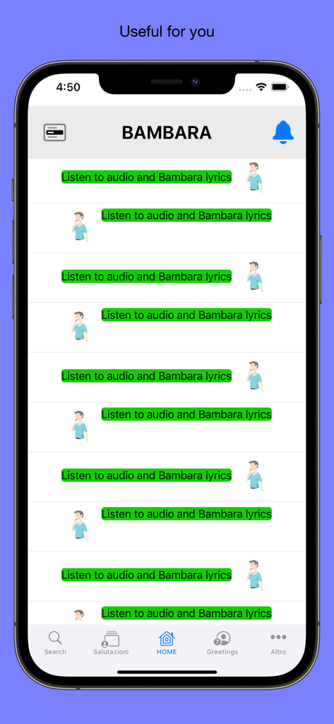 Bambara - Interfaz de lecciones de audio de la aplicación de aprendizaje de idiomas Bambara que muestra una lista de lecciones de audio y letras.