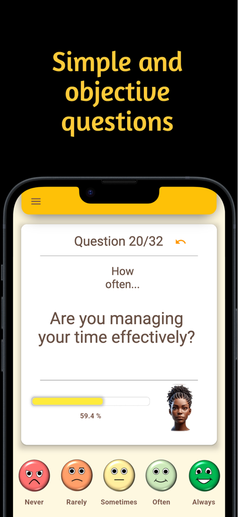Happiness Test. - Interfaz de la aplicación Test de Felicidad mostrando una pregunta sobre gestión del tiempo con una escala de calificación de emojis y una barra de progreso.