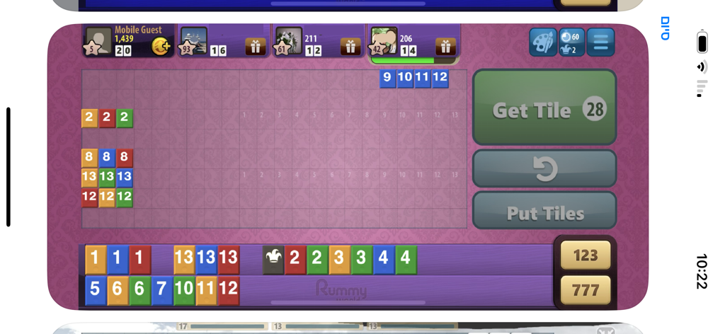 Rummy World - Rummy World gameplay interface showing tile sets and runs on a virtual board