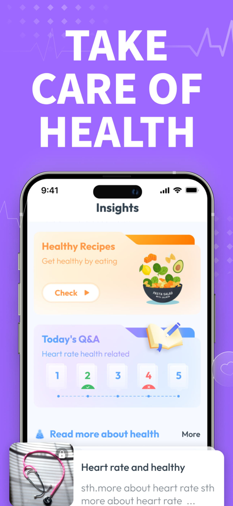Heart Rate: Pulse Monitor & BP - Heart Rate app screen showing health insights including recipes and daily wellness Q and A