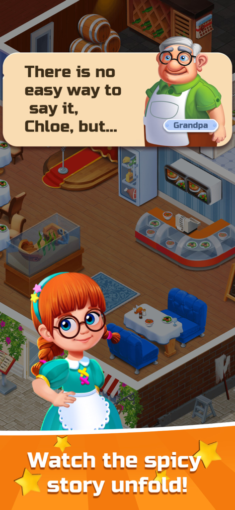 Word Sauce: Connect Puzzle! - Une scène de dialogue entre Grand-père et Chloe dans le décor du restaurant de Word Sauce.