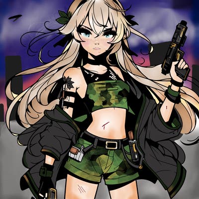 bad girl wearing crop top holding a gun long hair anime