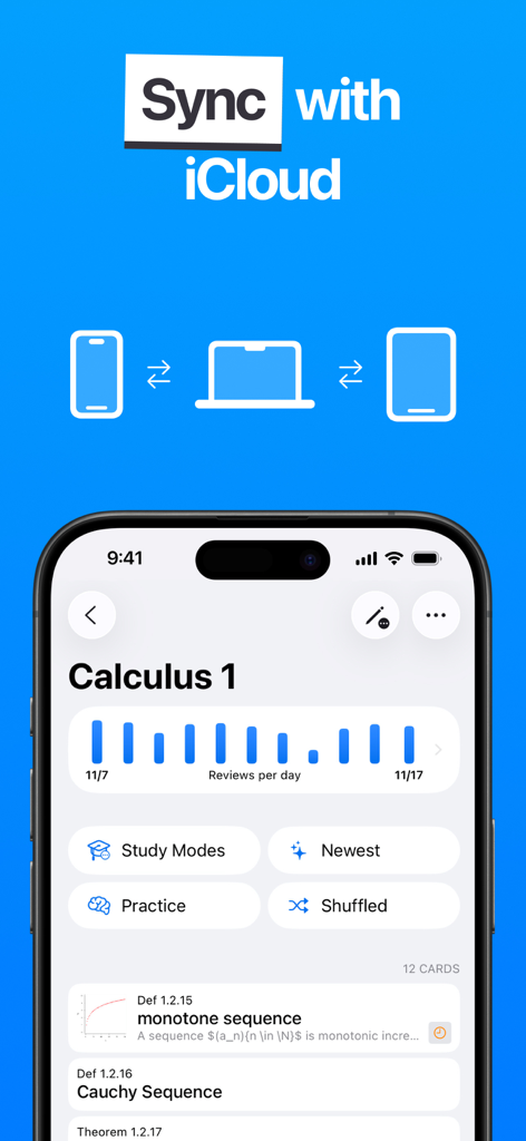 Flashtex: Study Flashcards - Flashtex-App-Oberfläche, die die iCloud-Synchronisierung über Geräte hinweg und ein Kalkül 1 Karteikarten-Deck mit Lernstatistiken zeigt