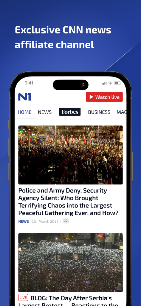 N1 info - N1 info Nachrichten-App mit einem Newsfeed, einer Schlagzeile über Balkanproteste und einem CNN-Partner-Header.
