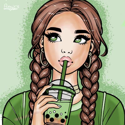 realistic girl with braided hair drinking boba