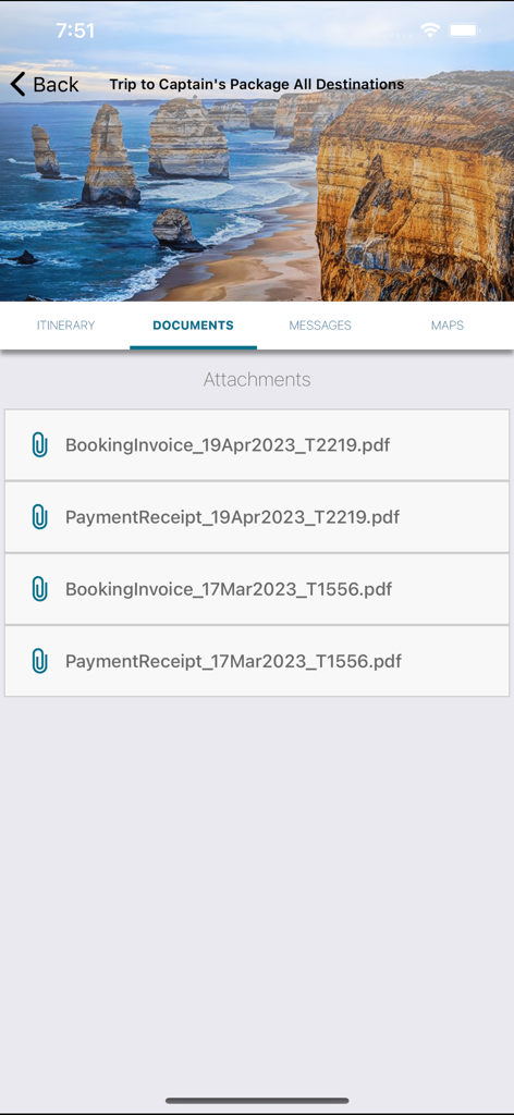 Travel Managers New Zealand - Mobile app interface displaying a list of travel booking invoices and payment receipts under the documents tab