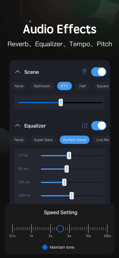 Mobile interface showing audio effects including scene selection equalizer sliders and speed settings