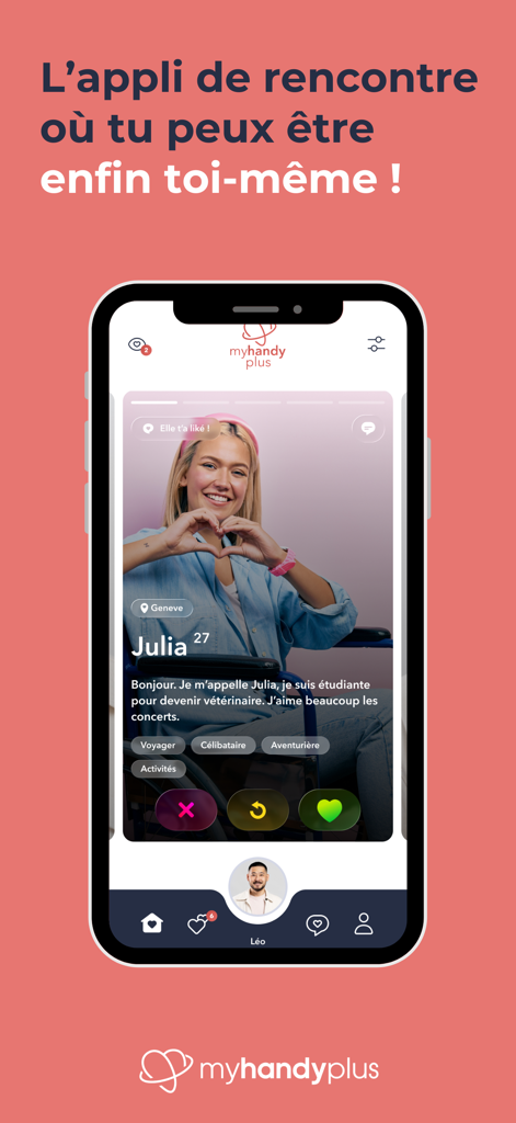 MyHandyPlus - Smartphone screen showing the MyHandyPlus inclusive dating app with a user profile of a woman in a wheelchair