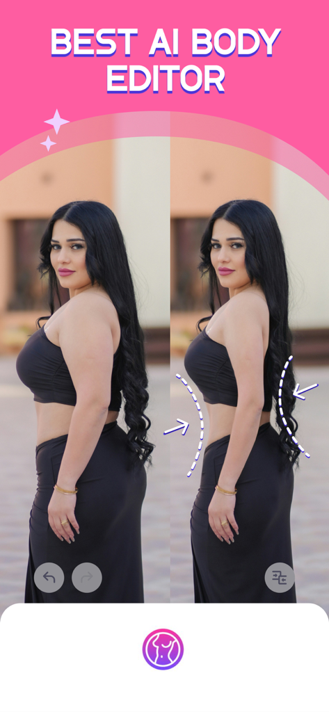 WOW Body - Best Body Editor - Before and after comparison of a woman using WOW Body AI to slim her waistline