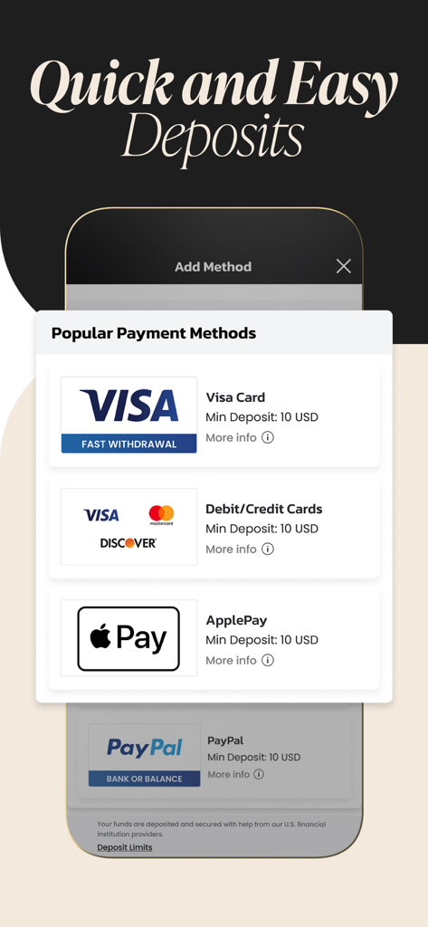BetMGM mobile app screen showing popular secure deposit methods like Visa, Apple Pay and PayPal