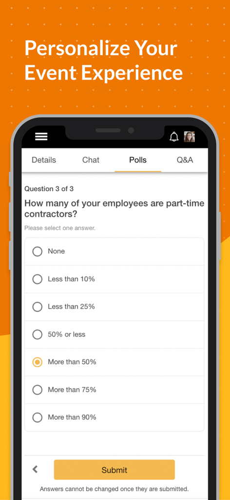 Event App by EventMobi - Professional mobile app screen showing a live poll interface for attendee engagement during events.