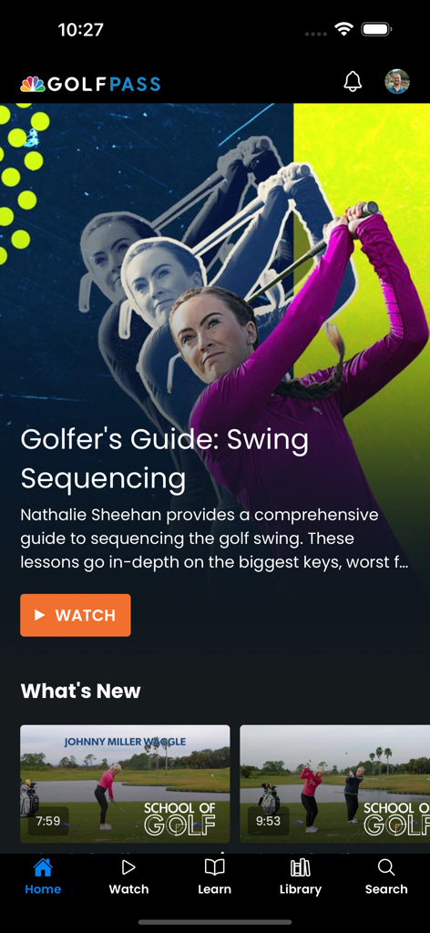 GolfPass - GolfPass mobile app home screen showing instructional golf videos and swing sequencing lessons.