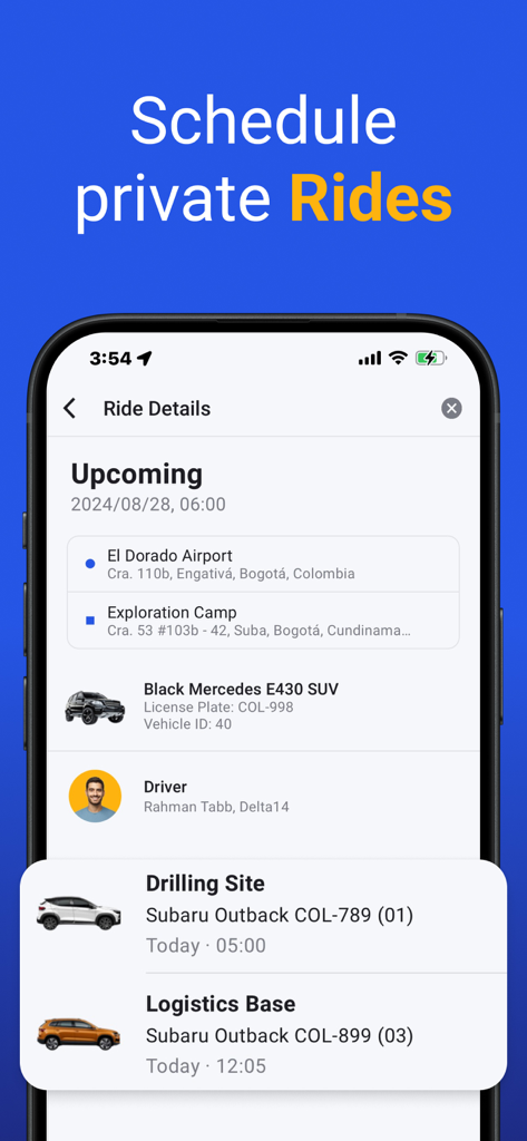 User interface of the OneMobile Passenger app showing ride details for scheduled corporate transport including vehicle and driver information