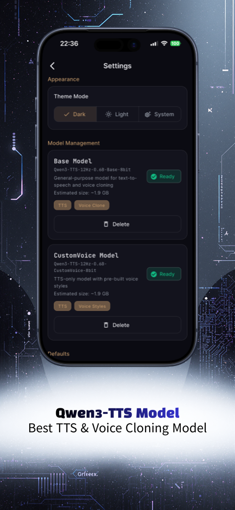Echovo - TTS & Voice Cloning - Echovo app settings screen showing theme options and Qwen3-TTS model management for voice cloning.
