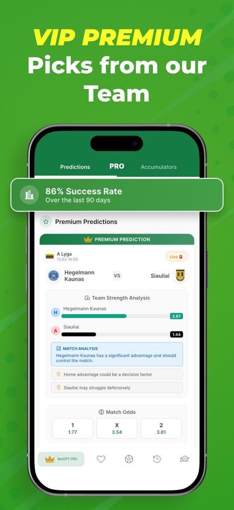 BetGPT - Betting App - Mobile interface of BetGPT showing premium soccer betting predictions and statistical match analysis.