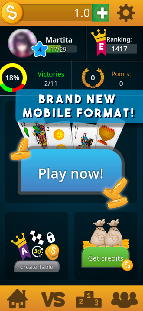 Truco Uruguayo - Main menu of the Truco Uruguayo mobile card game showing player stats and the play now button