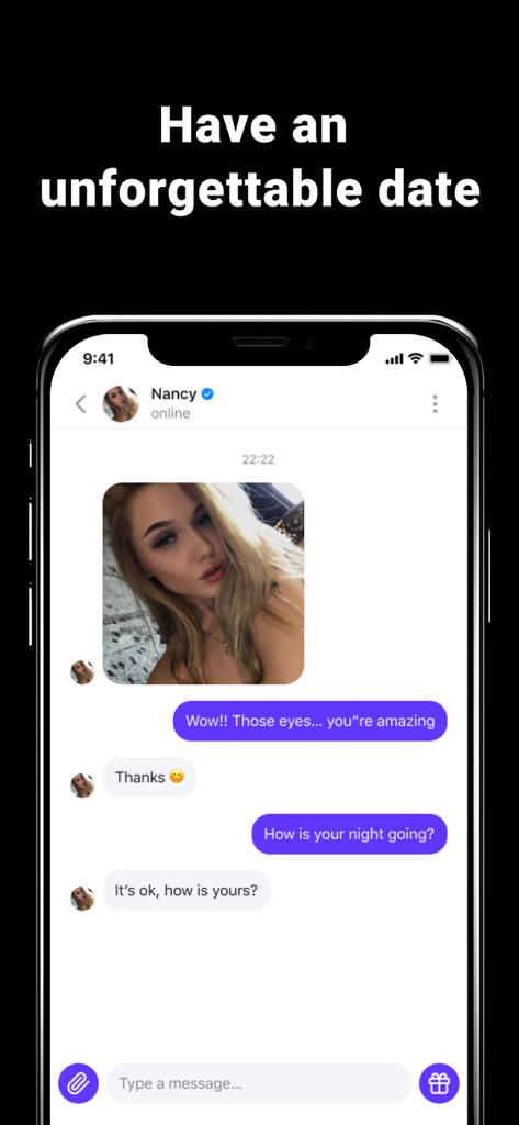 Dating & Chat – Badanga - Real-time chat interface on the Badanga dating app showing a conversation and shared photo.