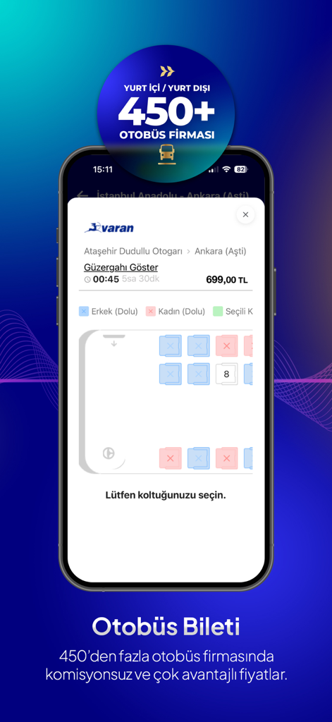 Smartphone interface showing the Turna travel app bus ticket selection and seat map for a journey from Istanbul to Ankara.