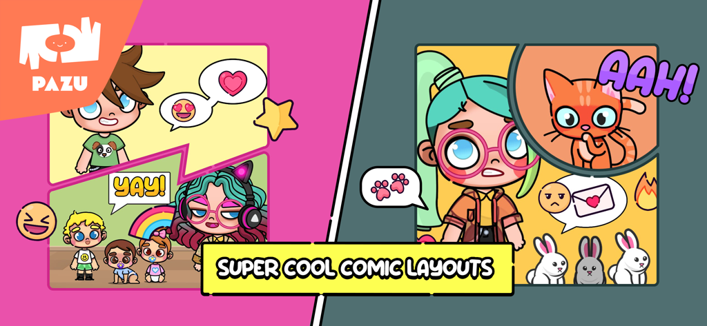 Various cartoon avatars and animals arranged in colorful comic book layouts with speech bubbles