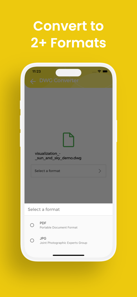 iPhone interface of DWG Converter app showing options to convert a DWG file to PDF or JPG format