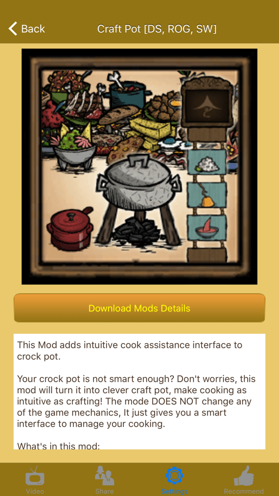 Mods for Don't Starve and Don't Starve Together - A detailed view of the Craft Pot mod interface and description within the app