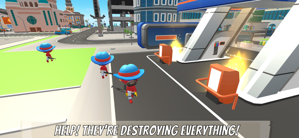 Wings of the City - Sky Hero - Three red characters in blue cowboy hats walk near a gas station in a cartoonish 3D city environment with the text HELP THEY ARE DESTROYING EVERYTHING