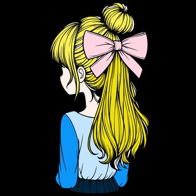 realistic girl  with hip length hair a bun and a big bow on the back of head