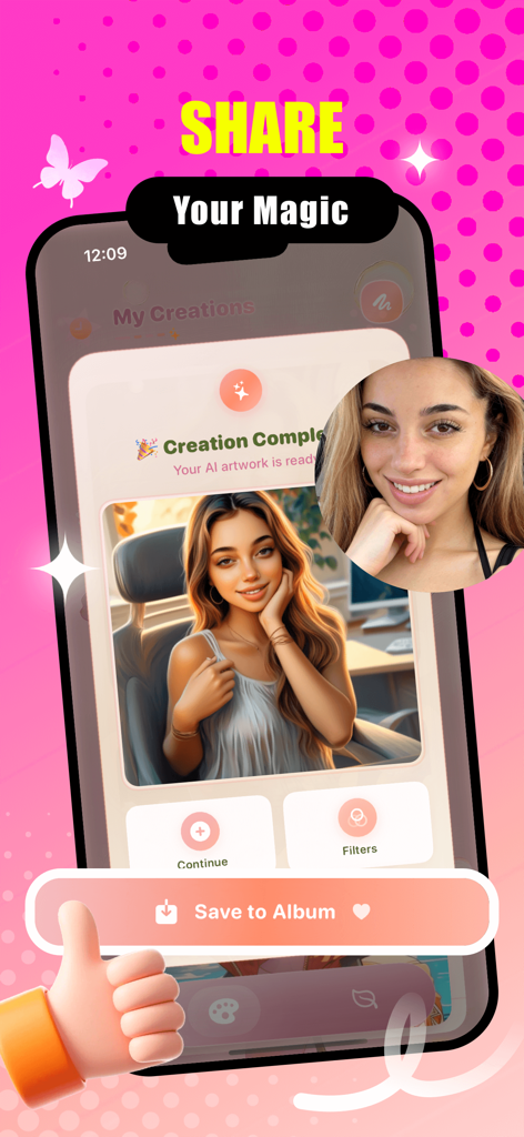 Elera - Elera app interface showing a finished AI generated portrait with a save to album button
