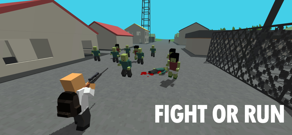 Low-poly character aiming a sniper rifle at a group of zombies in an open world survival game.
