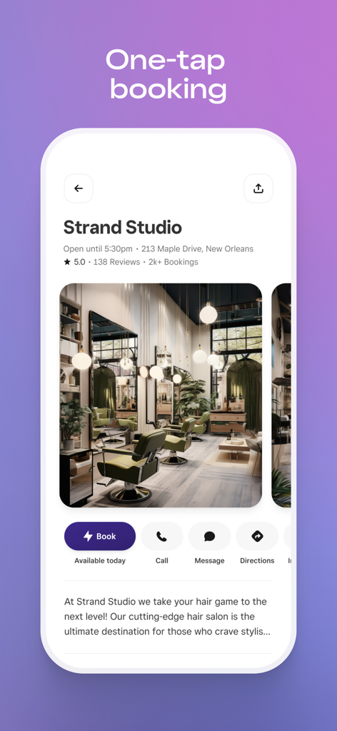 Square Go app interface for booking a hair salon appointment with a one-tap button.