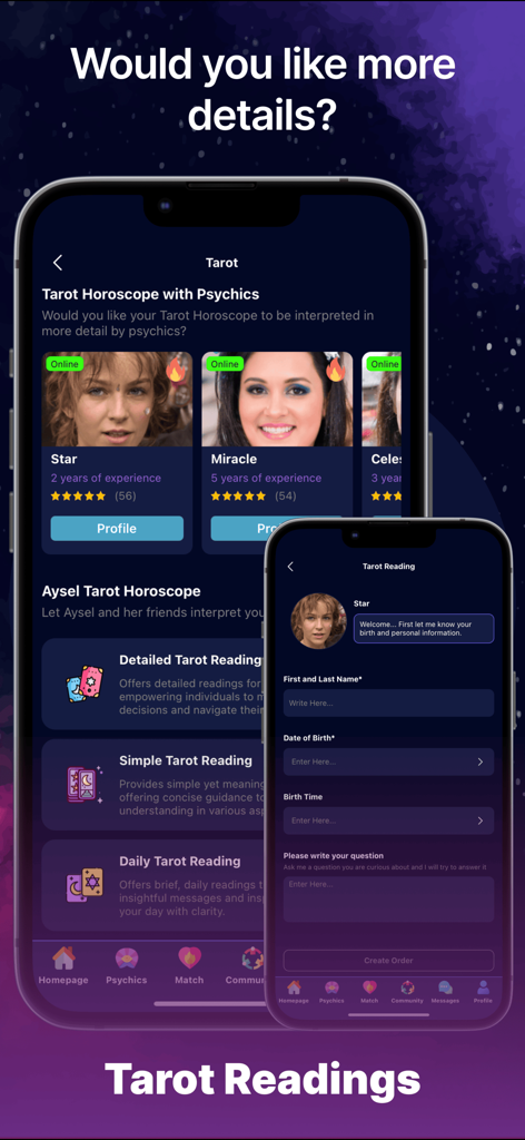 Capturas de pantalla de la aplicación Aysel que muestran categorías de lectura de tarot y perfiles de consultores psíquicos