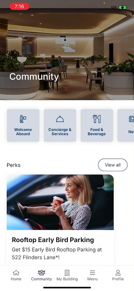 Charli 2.0 - Charli 2.0 app interface displaying workplace community services and tenant parking perks